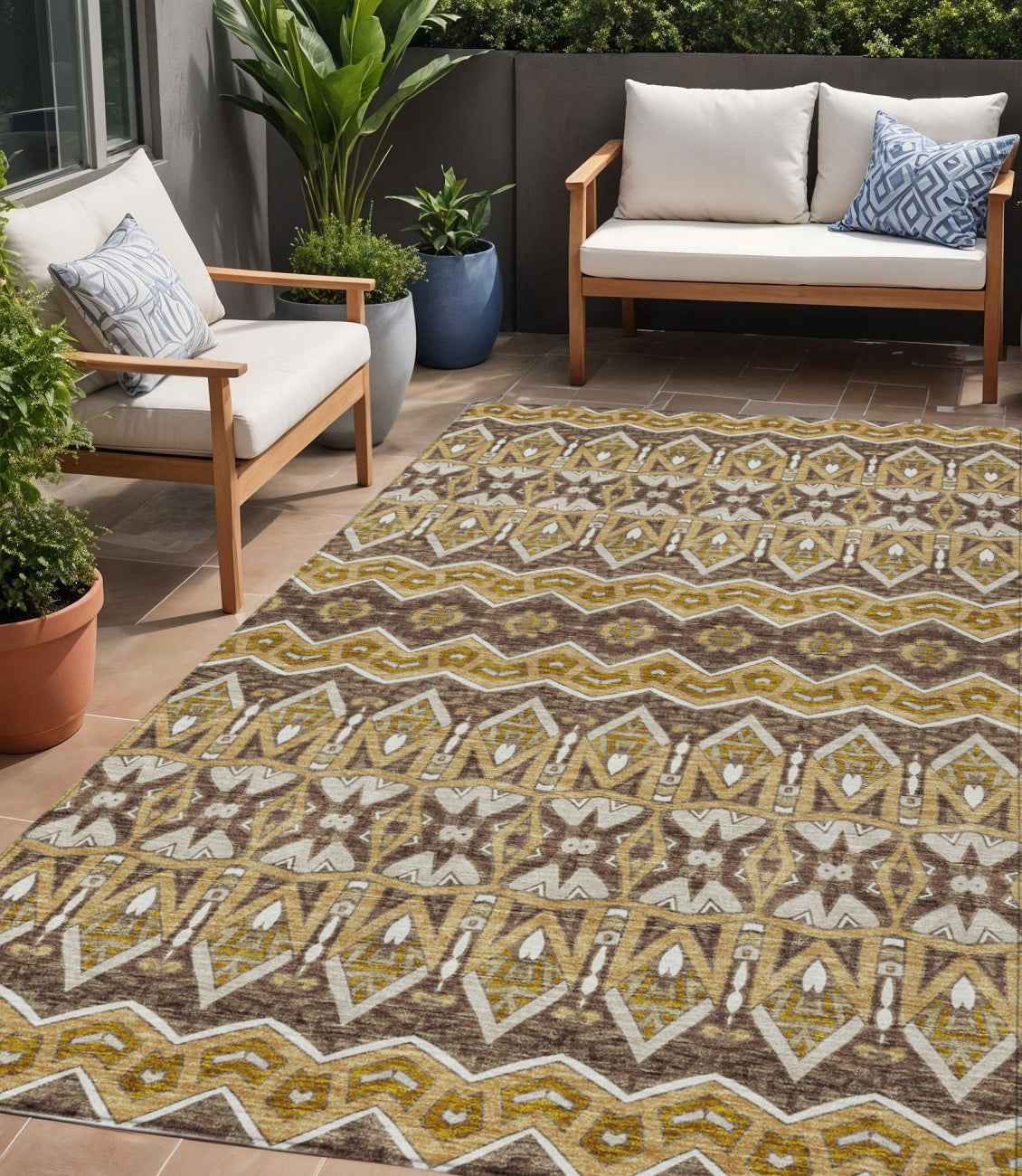 5' X 8' Gold Brown And Beige Moroccan Washable Indoor Outdoor Area Rug