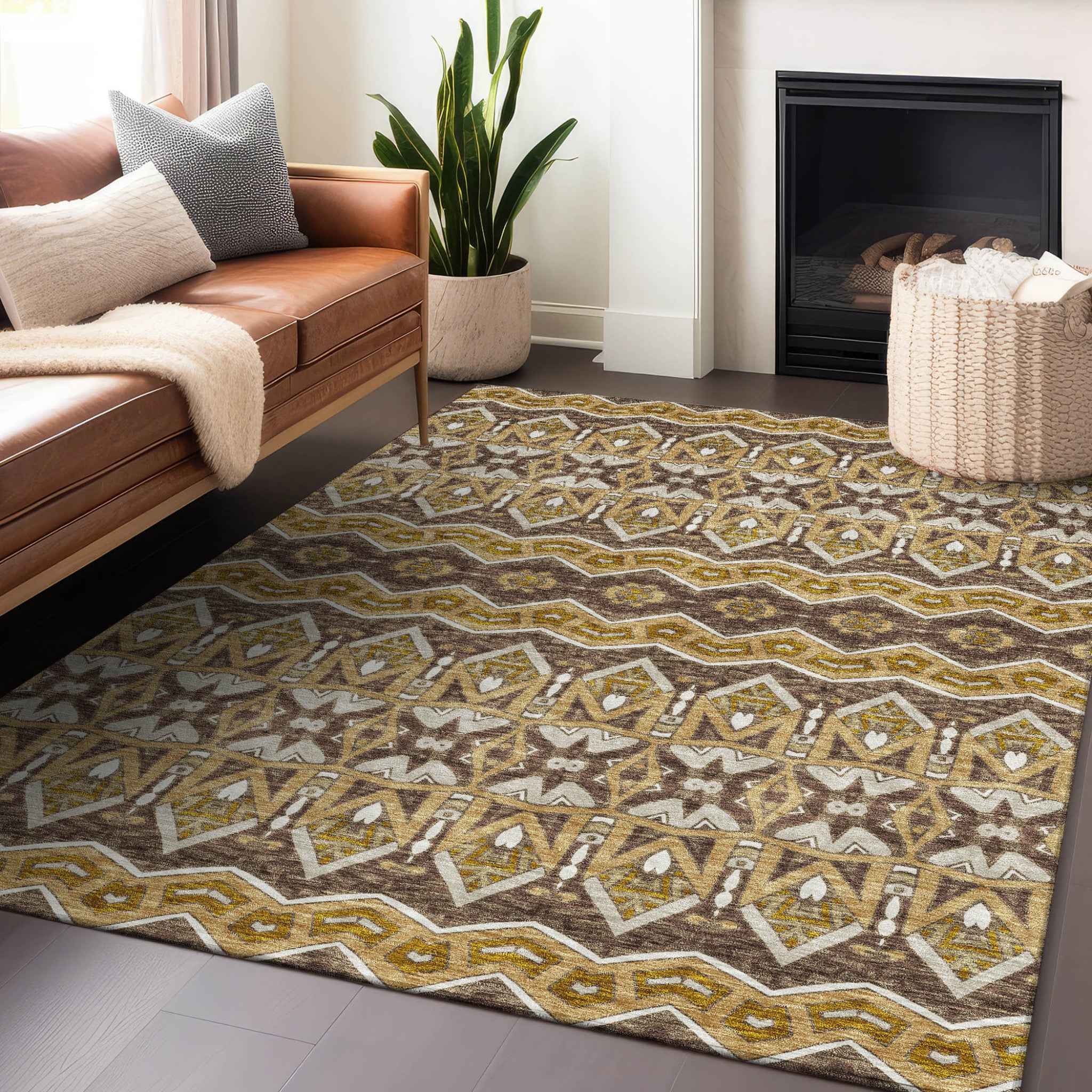 5' X 8' Gold Brown And Beige Moroccan Washable Indoor Outdoor Area Rug