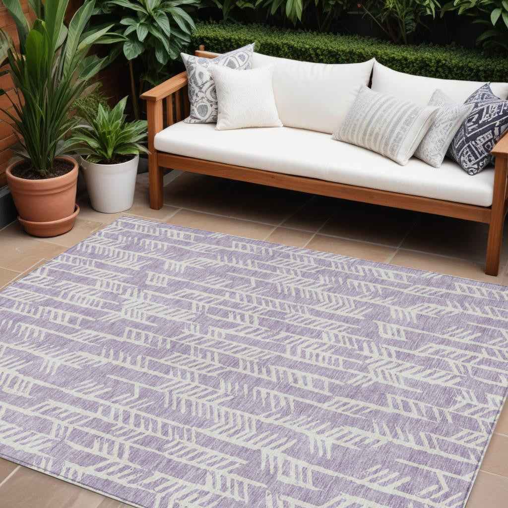 9' X 12' Lavender And Ivory Tribal Washable Indoor Outdoor Area Rug