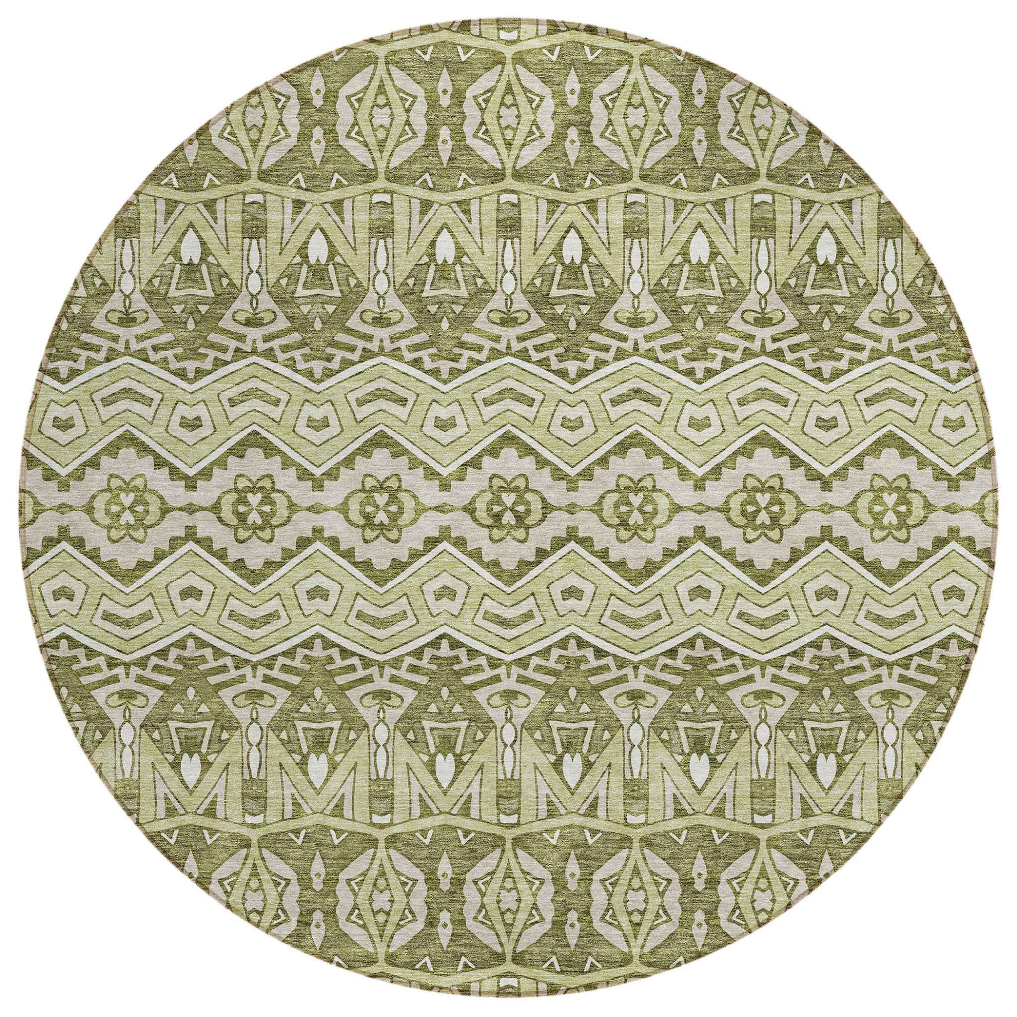 8' Artichoke Green Gray And Ivory Round Moroccan Washable Indoor Outdoor Area Rug