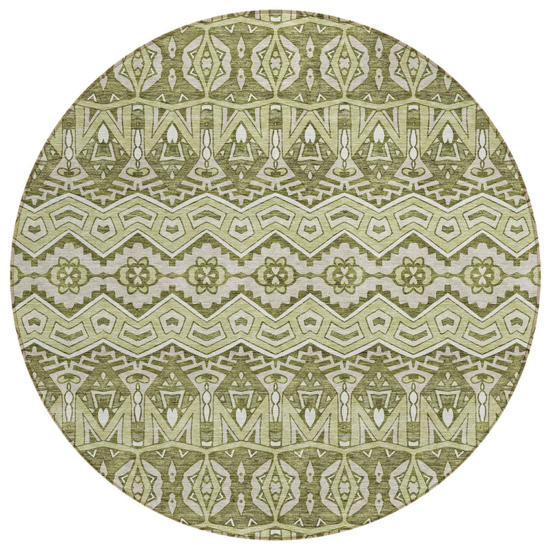 8' Artichoke Green Gray And Ivory Round Moroccan Washable Indoor Outdoor Area Rug
