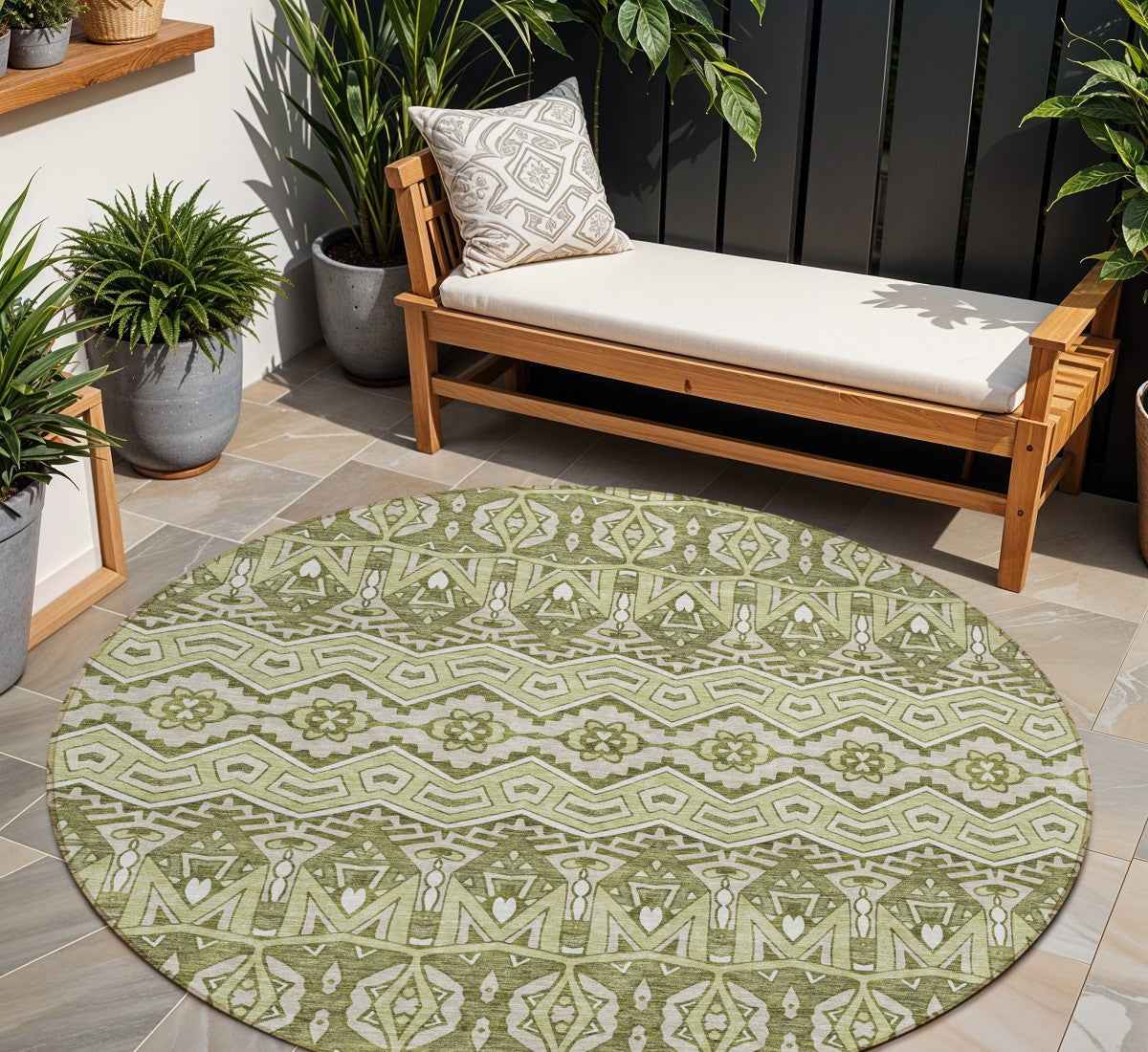 8' Artichoke Green Gray And Ivory Round Moroccan Washable Indoor Outdoor Area Rug