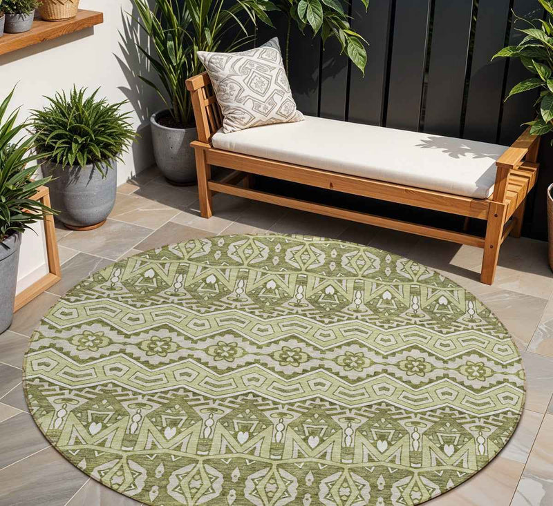 8' Artichoke Green Gray And Ivory Round Moroccan Washable Indoor Outdoor Area Rug