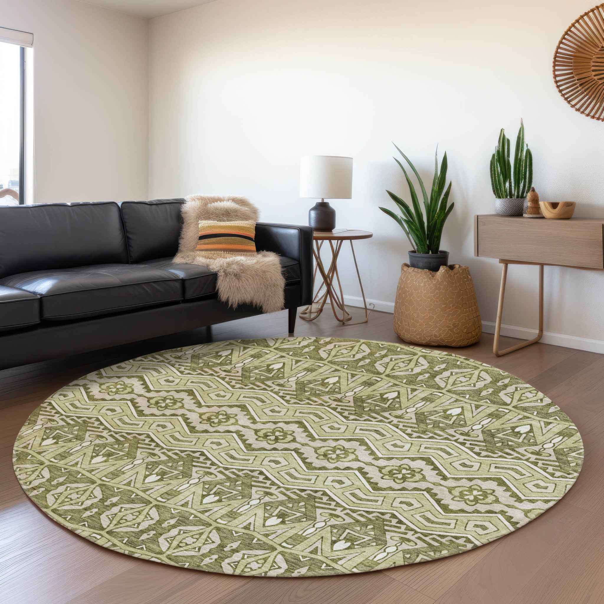 8' Artichoke Green Gray And Ivory Round Moroccan Washable Indoor Outdoor Area Rug