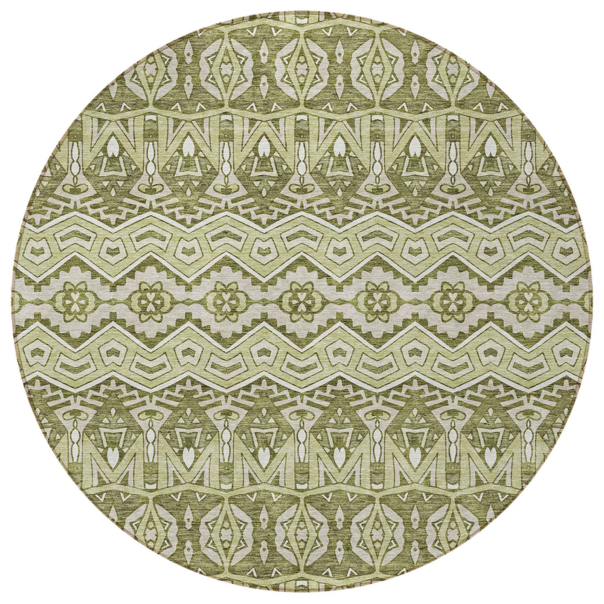 8' Artichoke Green Gray And Ivory Round Moroccan Washable Indoor Outdoor Area Rug