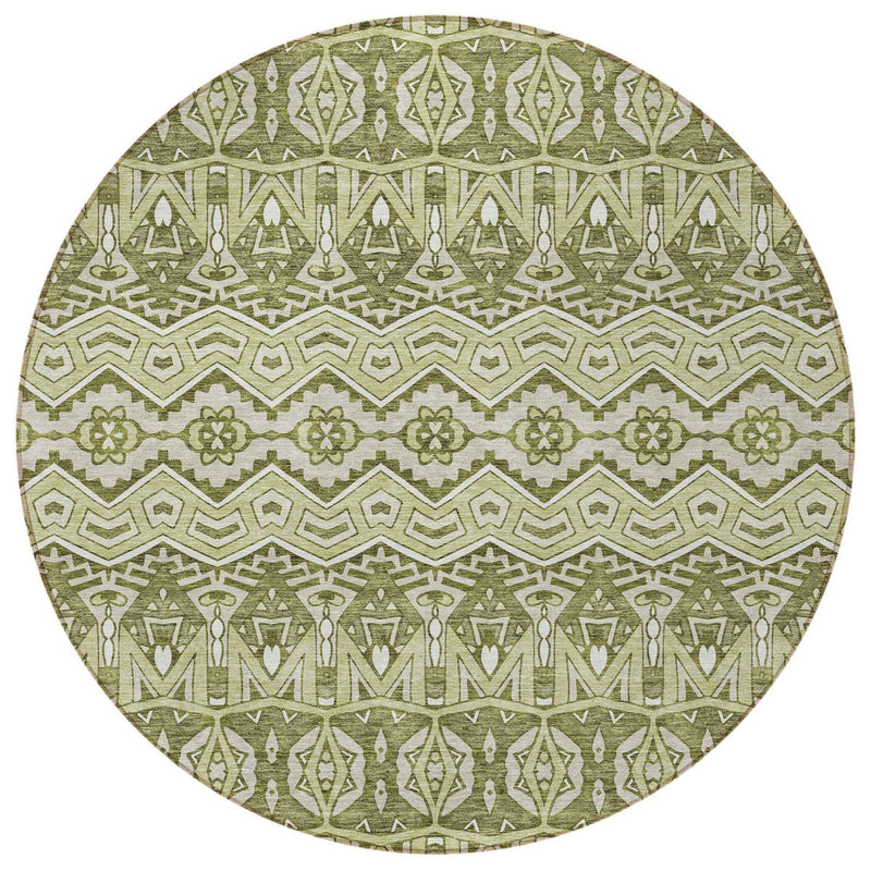 8' Artichoke Green Gray And Ivory Round Moroccan Washable Indoor Outdoor Area Rug