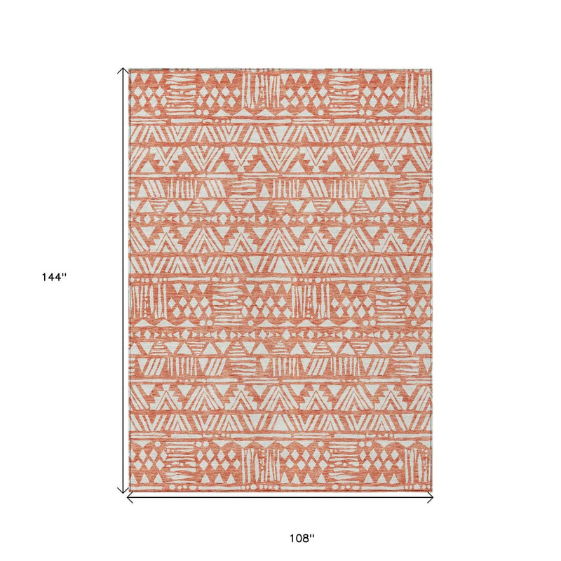 9' X 12' Coral And Ivory Southwestern Washable Indoor Outdoor Area Rug