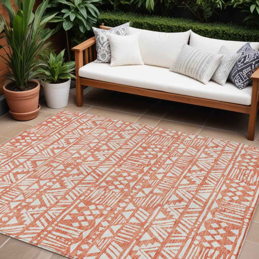 9' X 12' Coral And Ivory Southwestern Washable Indoor Outdoor Area Rug