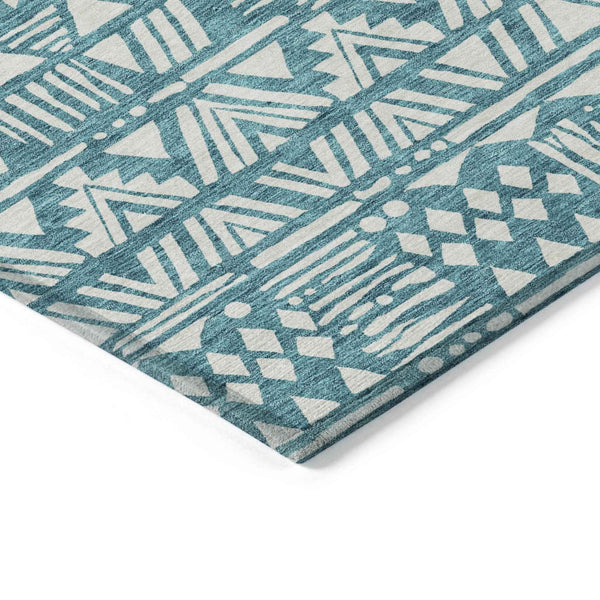 8' X 10' Teal Blue And Ivory Southwestern Washable Indoor Outdoor Area Rug