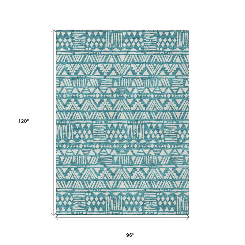 8' X 10' Teal Blue And Ivory Southwestern Washable Indoor Outdoor Area Rug