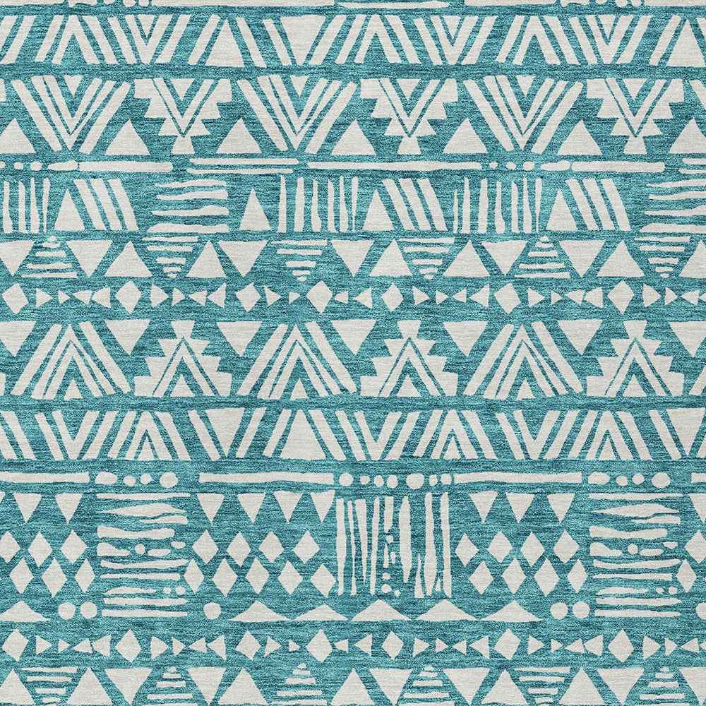 8' X 10' Teal Blue And Ivory Southwestern Washable Indoor Outdoor Area Rug