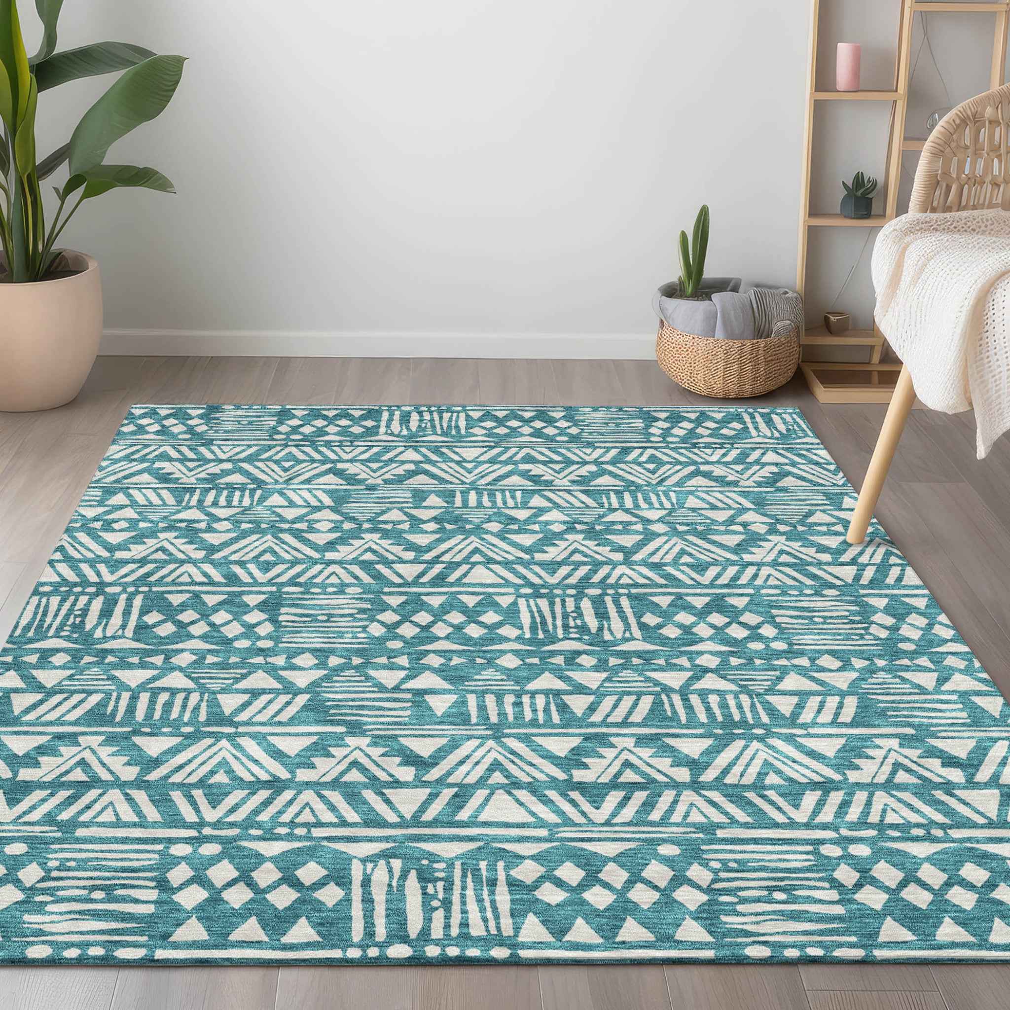 8' X 10' Teal Blue And Ivory Southwestern Washable Indoor Outdoor Area Rug