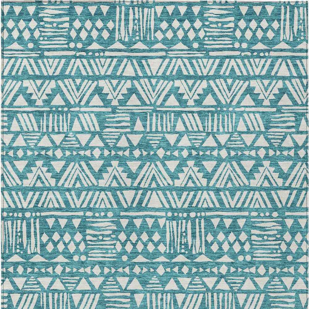 8' X 10' Teal Blue And Ivory Southwestern Washable Indoor Outdoor Area Rug