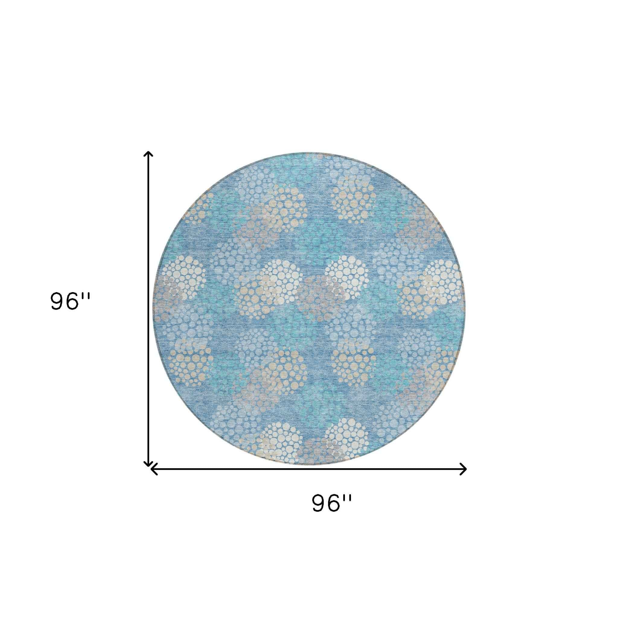 8' Sky Blue Gray And Ivory Round Polka Dot Washable Indoor Outdoor Area Rug