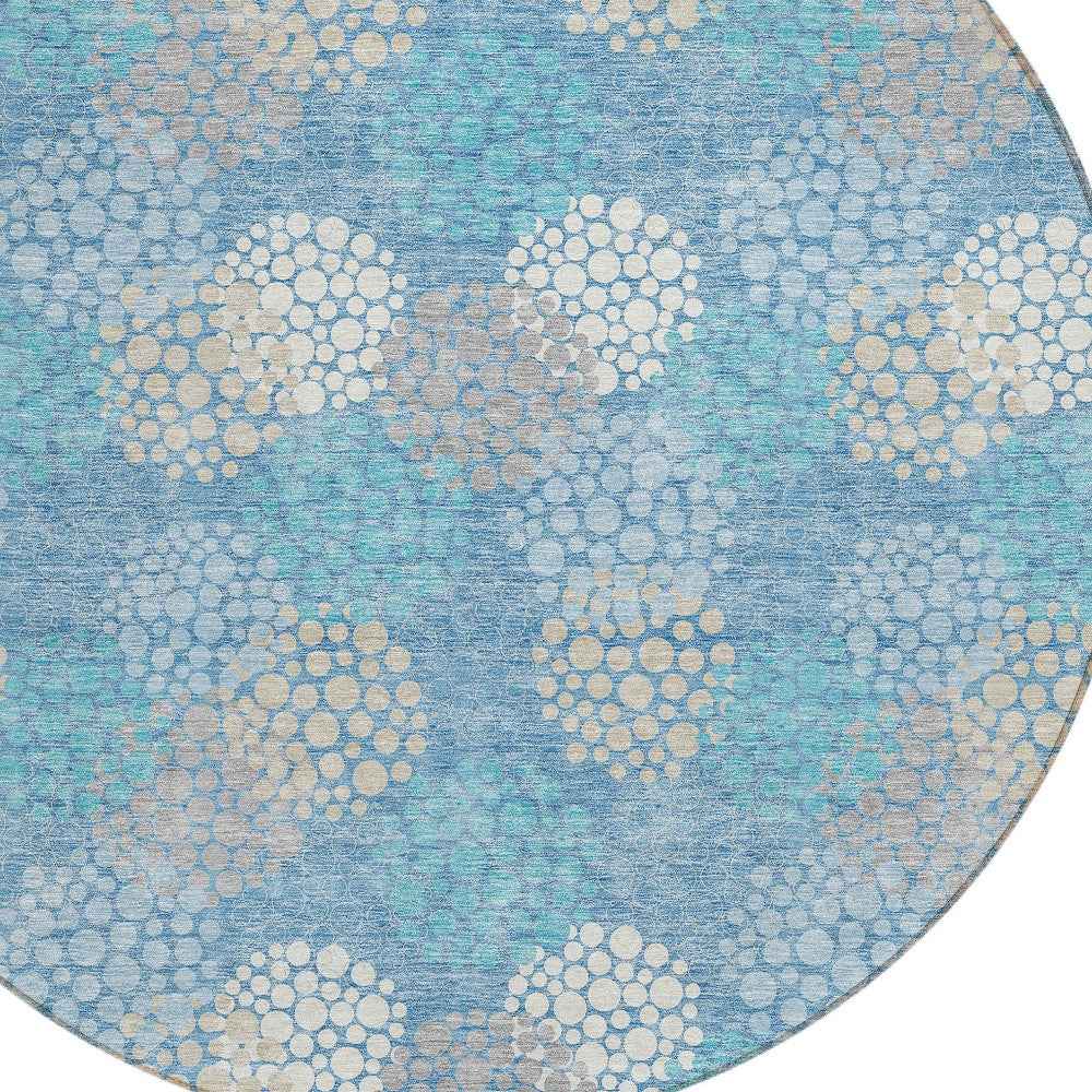 8' Sky Blue Gray And Ivory Round Polka Dot Washable Indoor Outdoor Area Rug