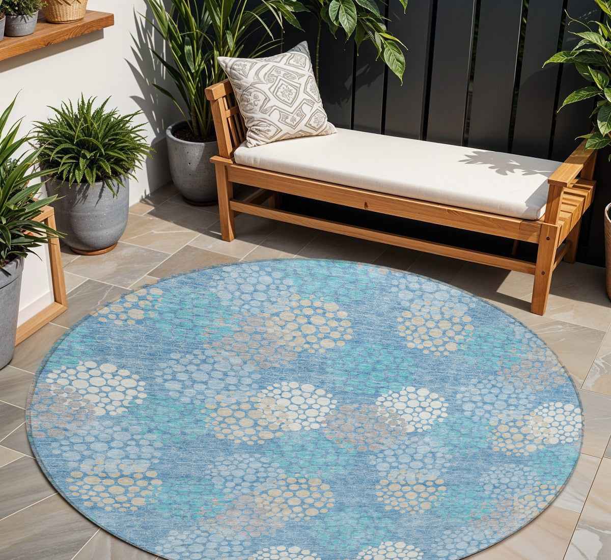 8' Sky Blue Gray And Ivory Round Polka Dot Washable Indoor Outdoor Area Rug