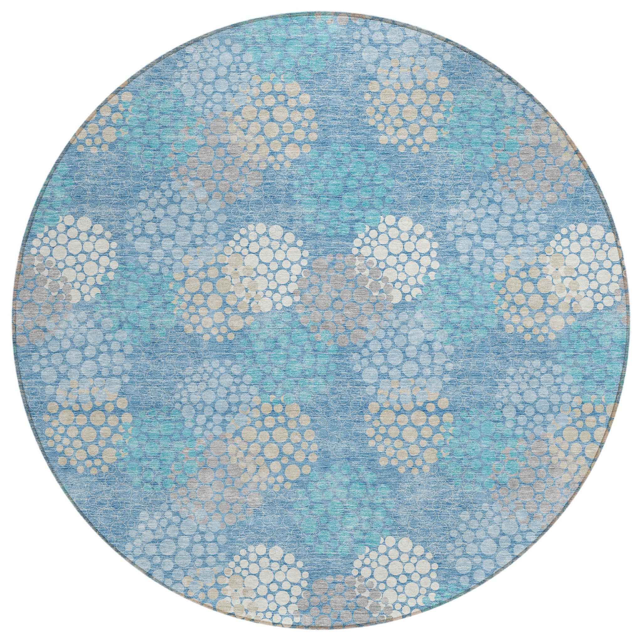 8' Sky Blue Gray And Ivory Round Polka Dot Washable Indoor Outdoor Area Rug