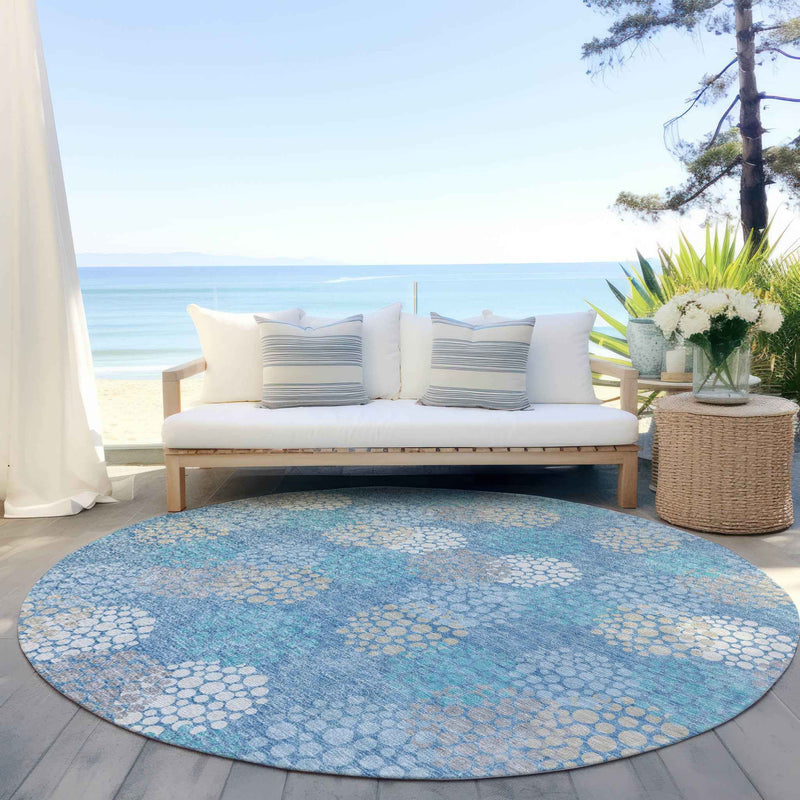 8' Sky Blue Gray And Ivory Round Polka Dot Washable Indoor Outdoor Area Rug
