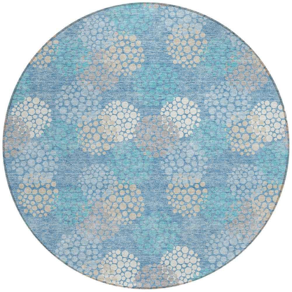 8' Sky Blue Gray And Ivory Round Polka Dot Washable Indoor Outdoor Area Rug