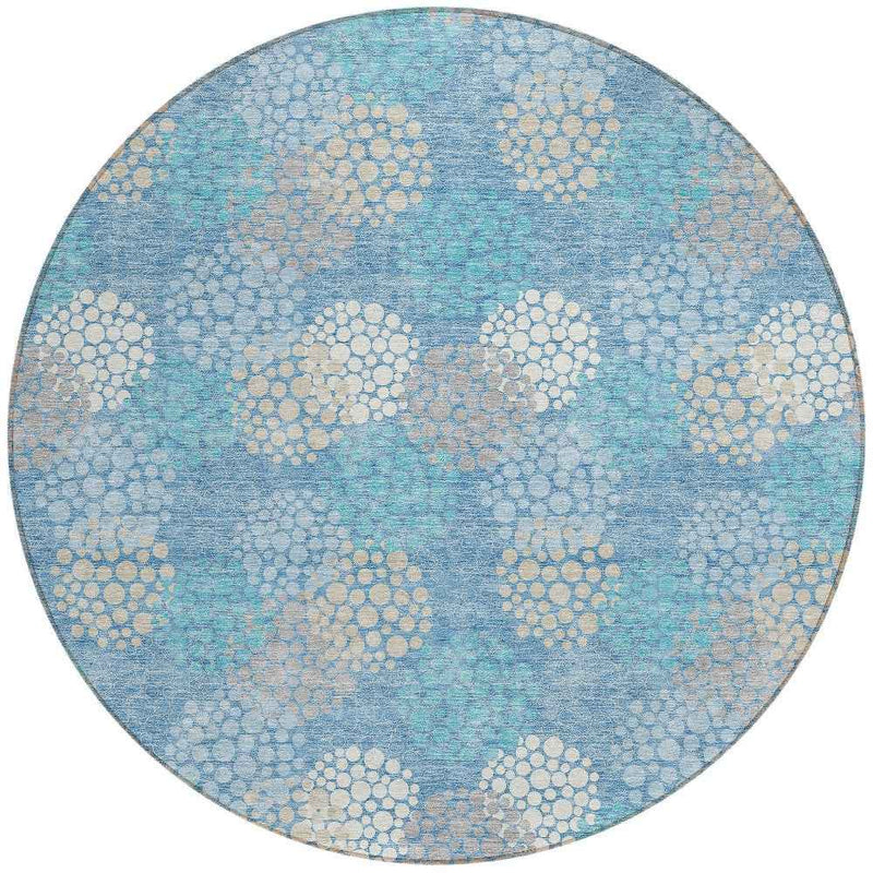 8' Sky Blue Gray And Ivory Round Polka Dot Washable Indoor Outdoor Area Rug