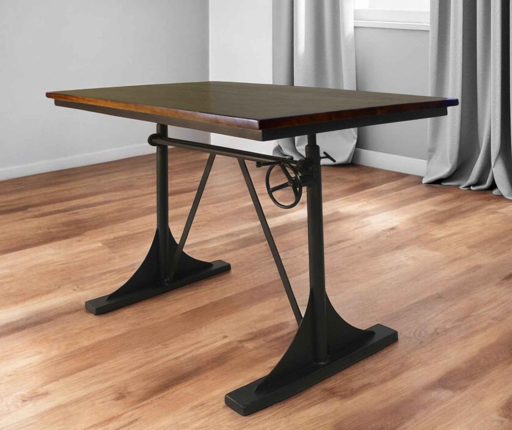 48" Brown And Black Solid Wood And Iron Trestle Base Dining Table