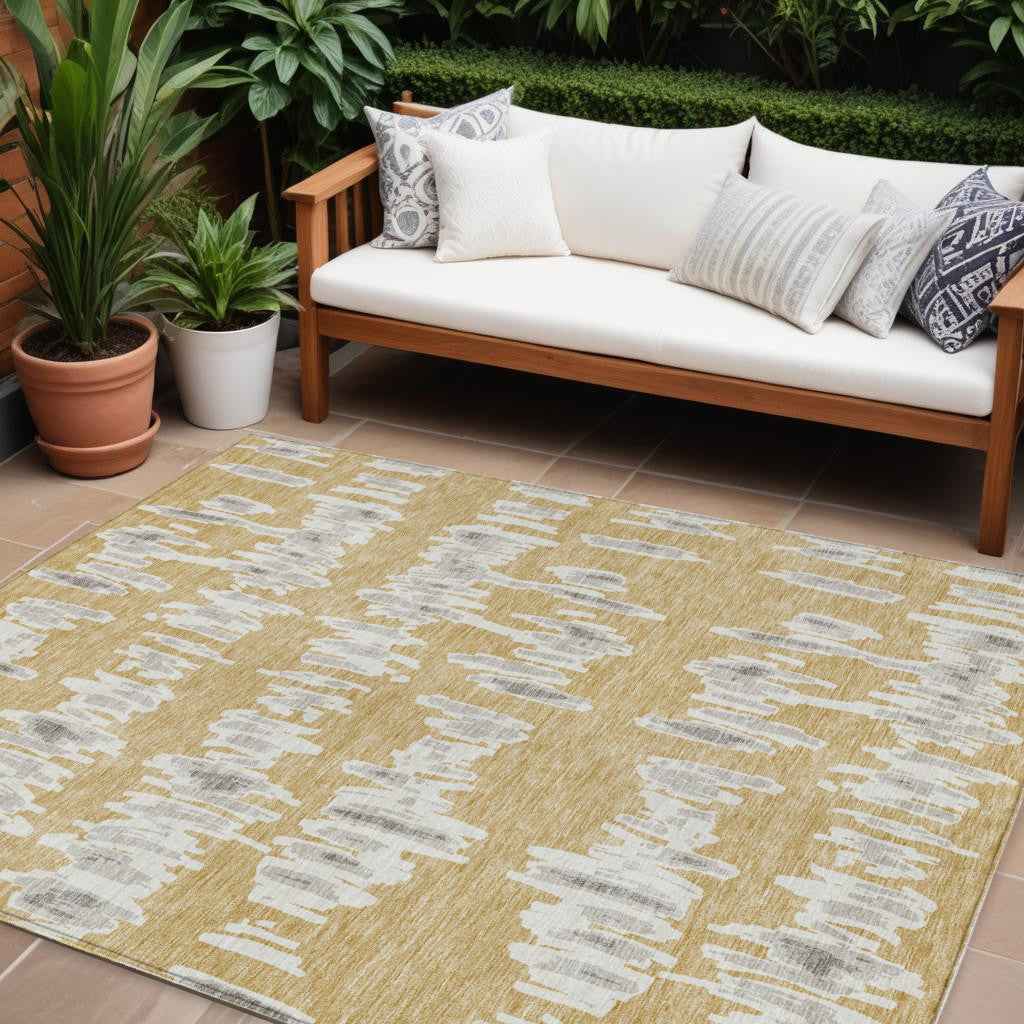 10' X 14' Gold Gray And Ivory Striped Washable Indoor Outdoor Area Rug
