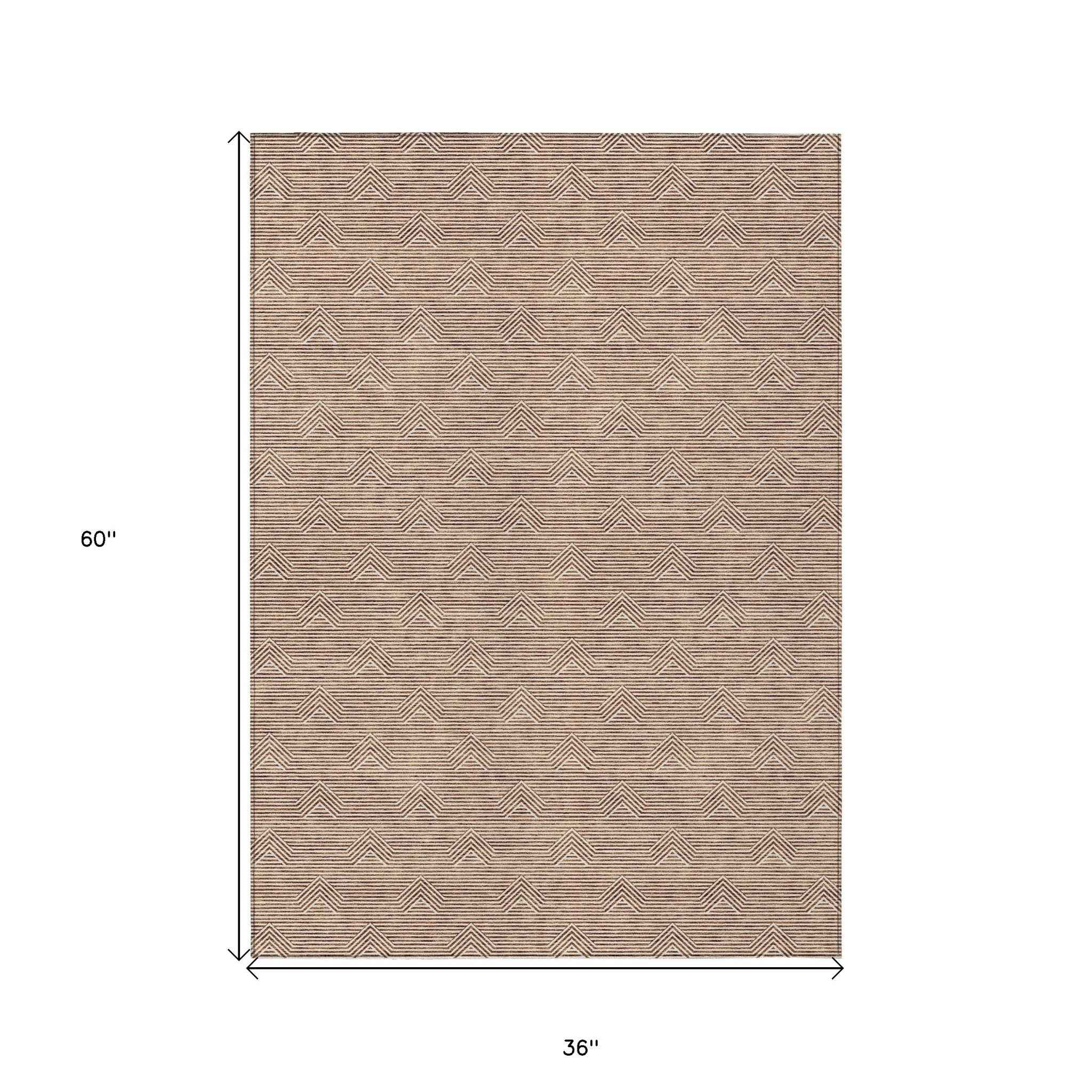 3' X 5' Brown And Beige Geometric Washable Indoor Outdoor Area Rug
