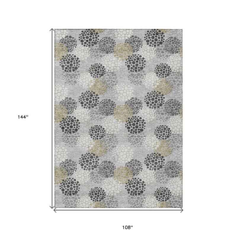 9' X 12' Gray Silver And Ivory Polka Dot Washable Indoor Outdoor Area Rug