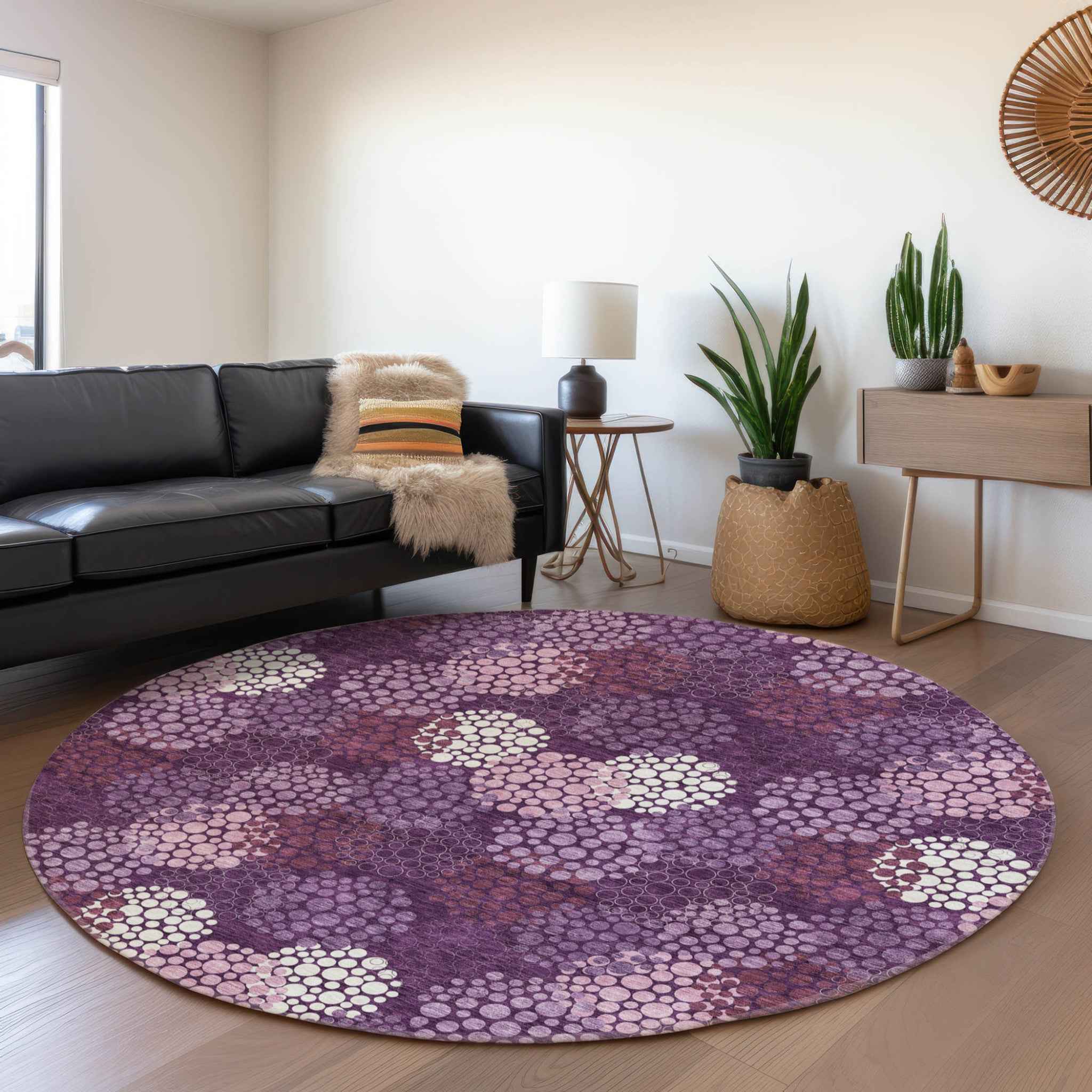 8' Eggplant Lavender And Ivory Round Polka Dot Washable Indoor Outdoor Area Rug