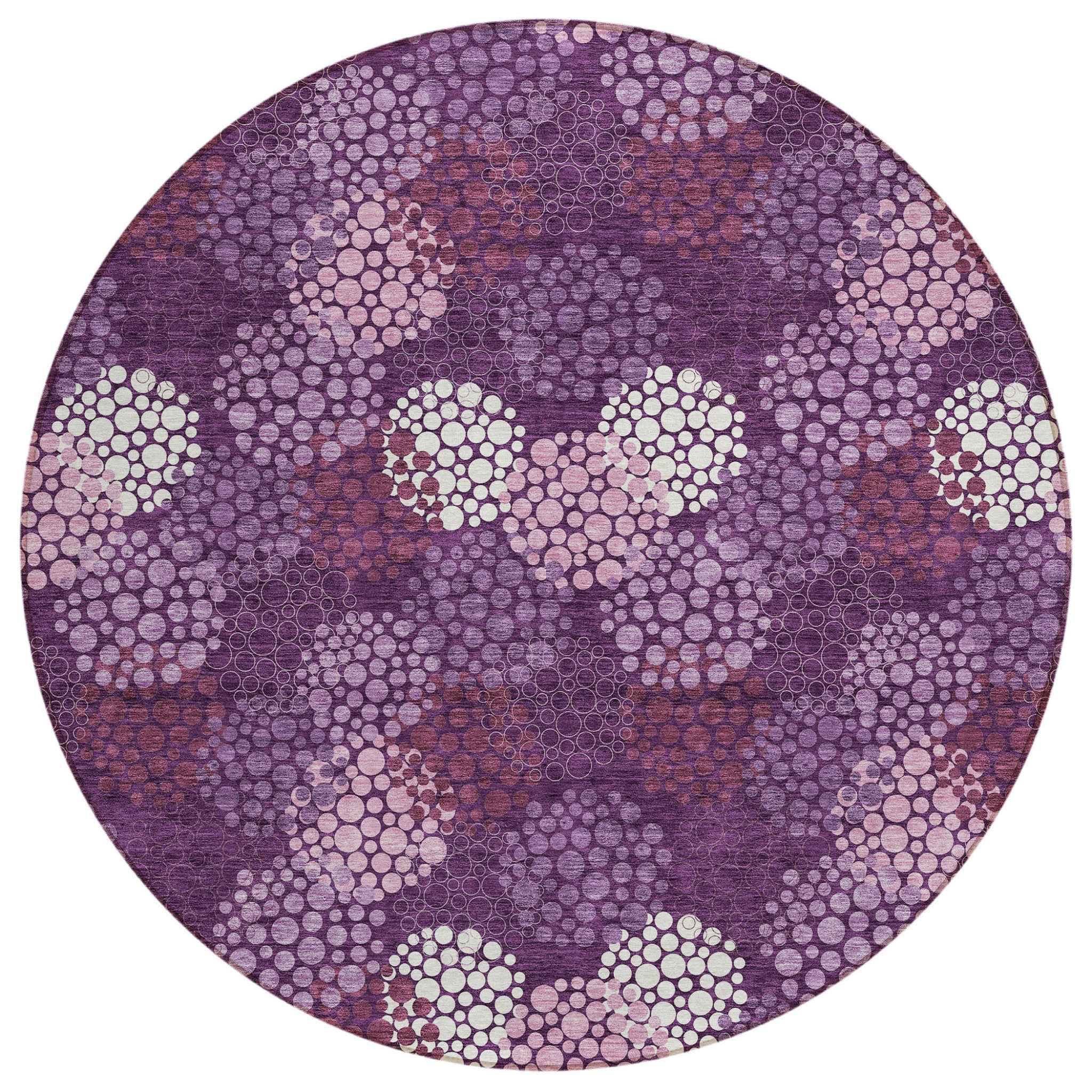8' Eggplant Lavender And Ivory Round Polka Dot Washable Indoor Outdoor Area Rug