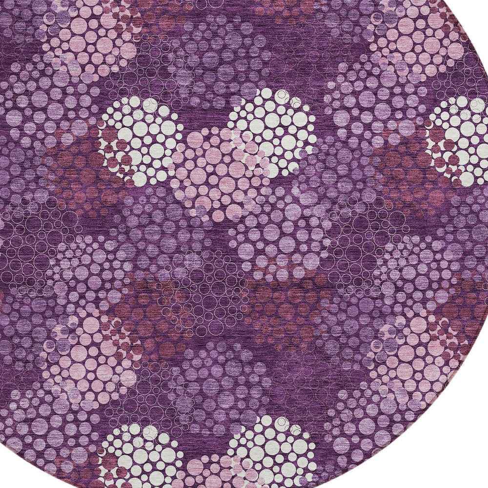 8' Eggplant Lavender And Ivory Round Polka Dot Washable Indoor Outdoor Area Rug