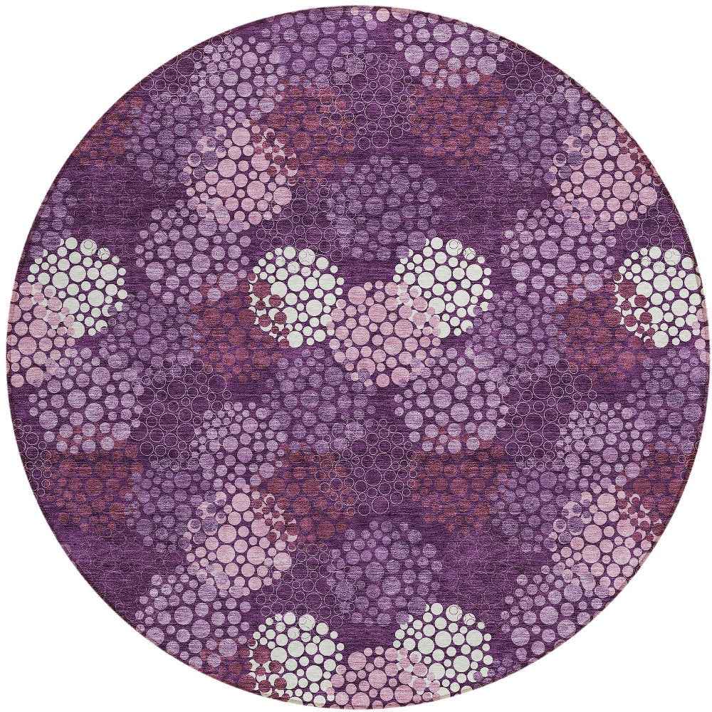 8' Eggplant Lavender And Ivory Round Polka Dot Washable Indoor Outdoor Area Rug