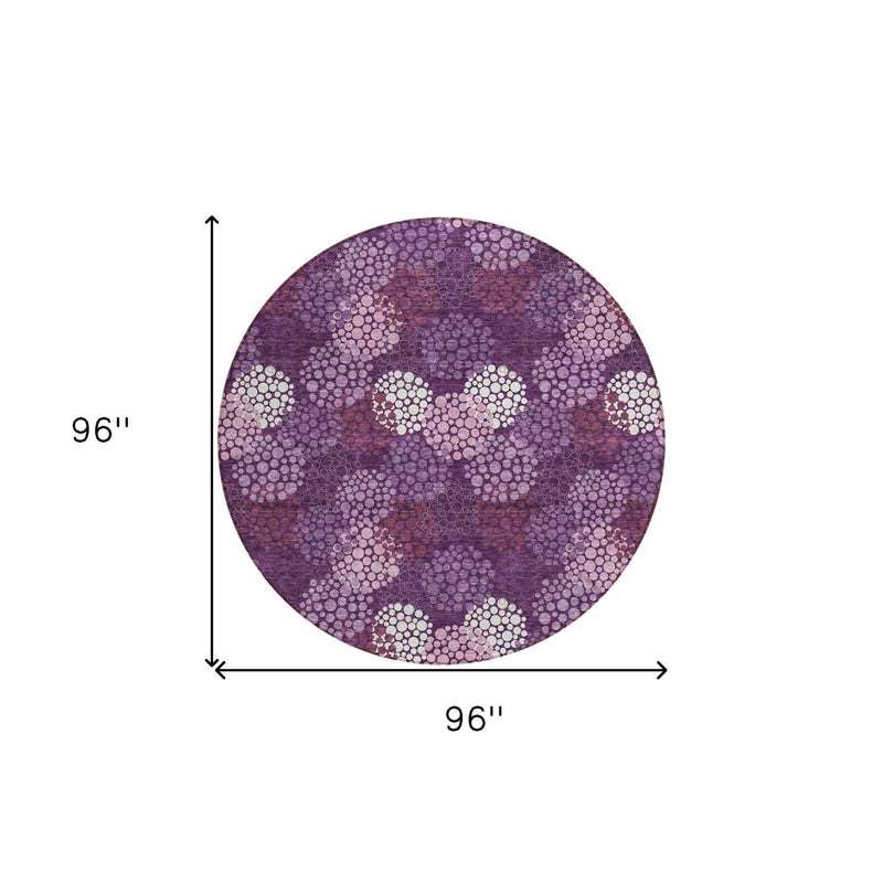 8' Eggplant Lavender And Ivory Round Polka Dot Washable Indoor Outdoor Area Rug