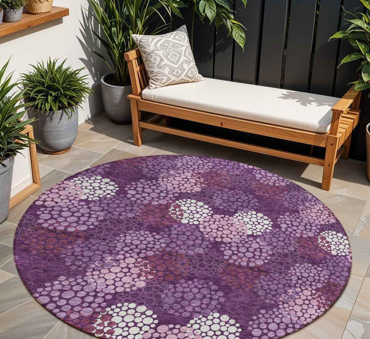 8' Eggplant Lavender And Ivory Round Polka Dot Washable Indoor Outdoor Area Rug