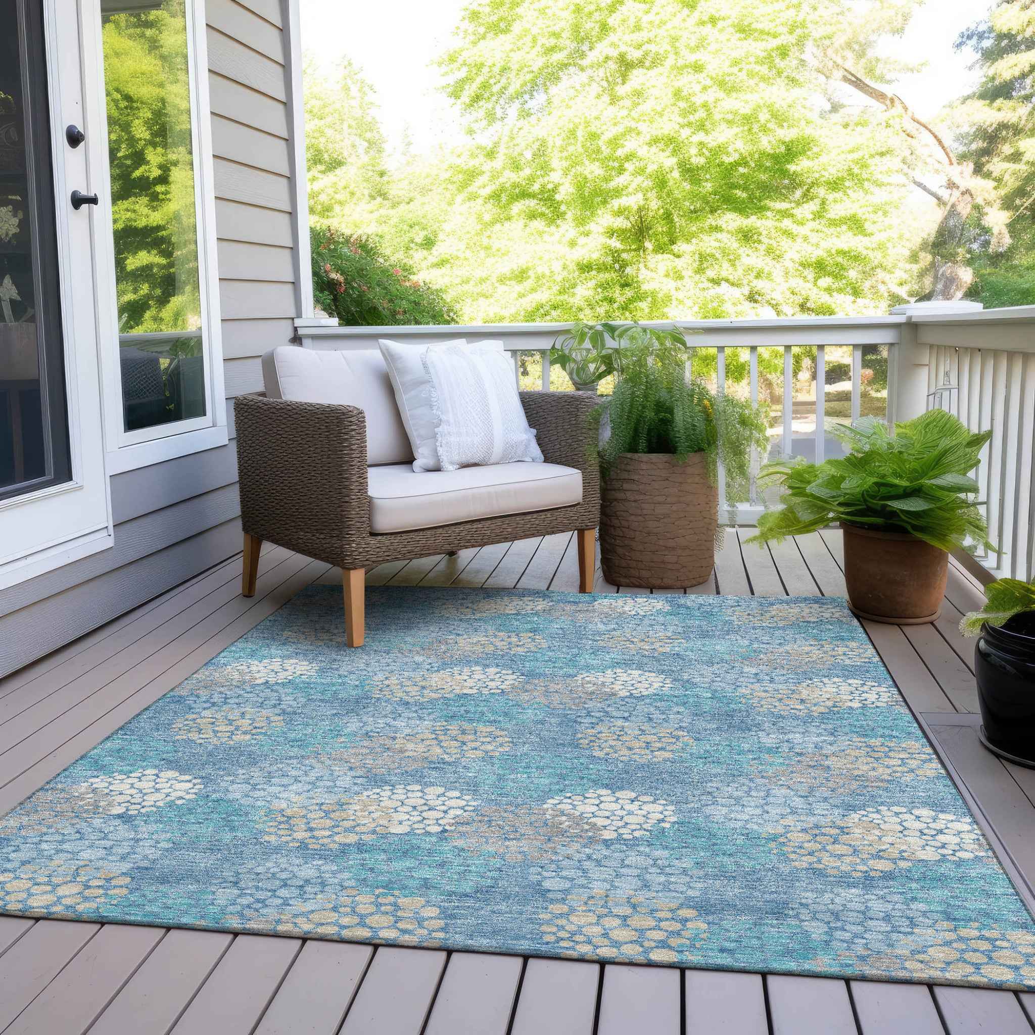 5' X 8' Sky Blue Gray And Ivory Polka Dot Washable Indoor Outdoor Area Rug