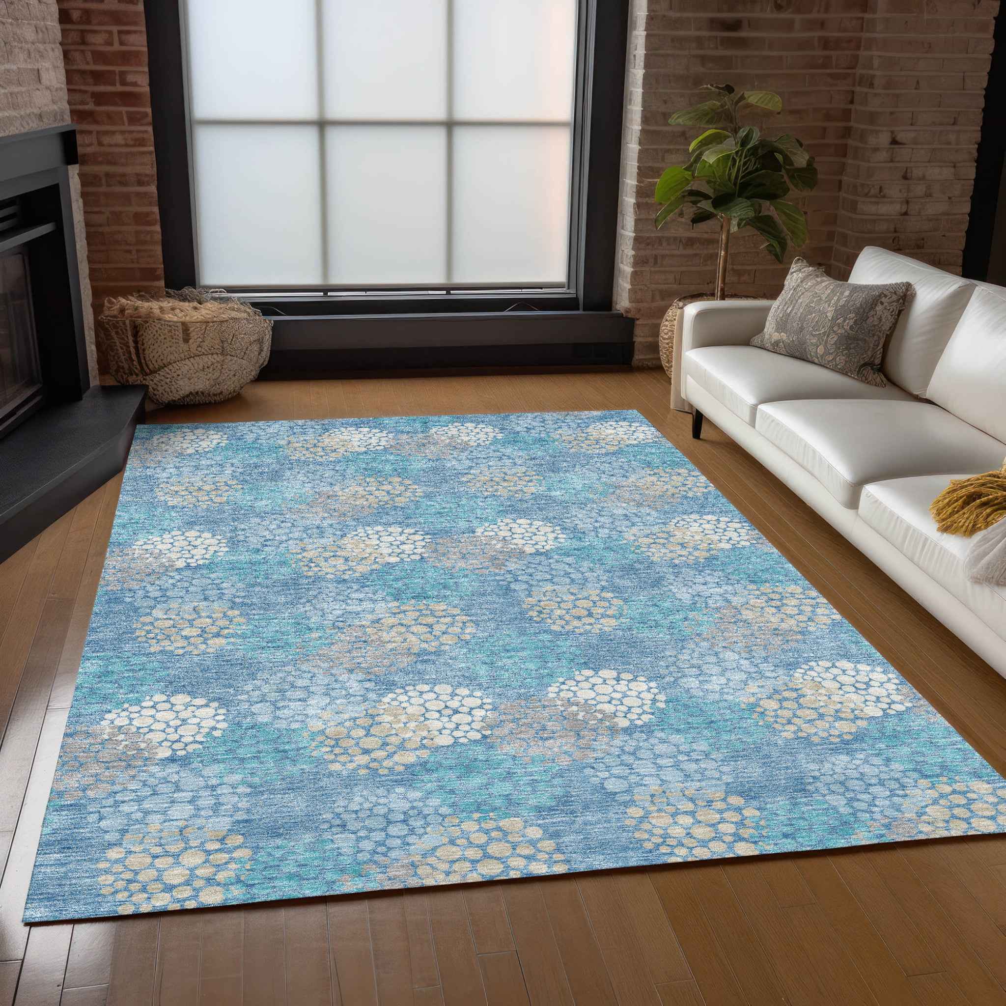 5' X 8' Sky Blue Gray And Ivory Polka Dot Washable Indoor Outdoor Area Rug