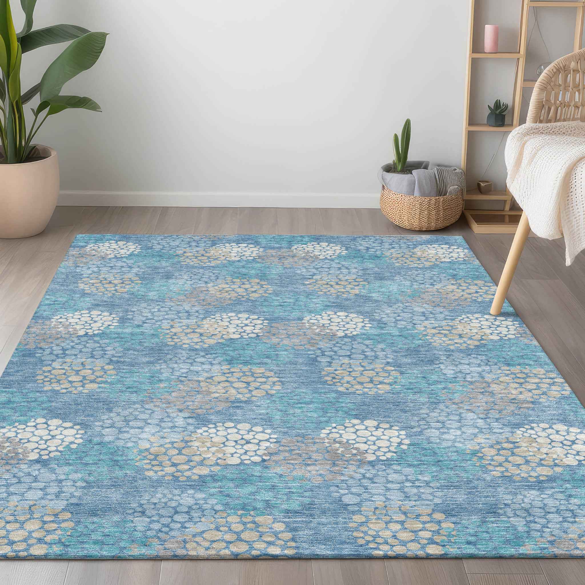 5' X 8' Sky Blue Gray And Ivory Polka Dot Washable Indoor Outdoor Area Rug