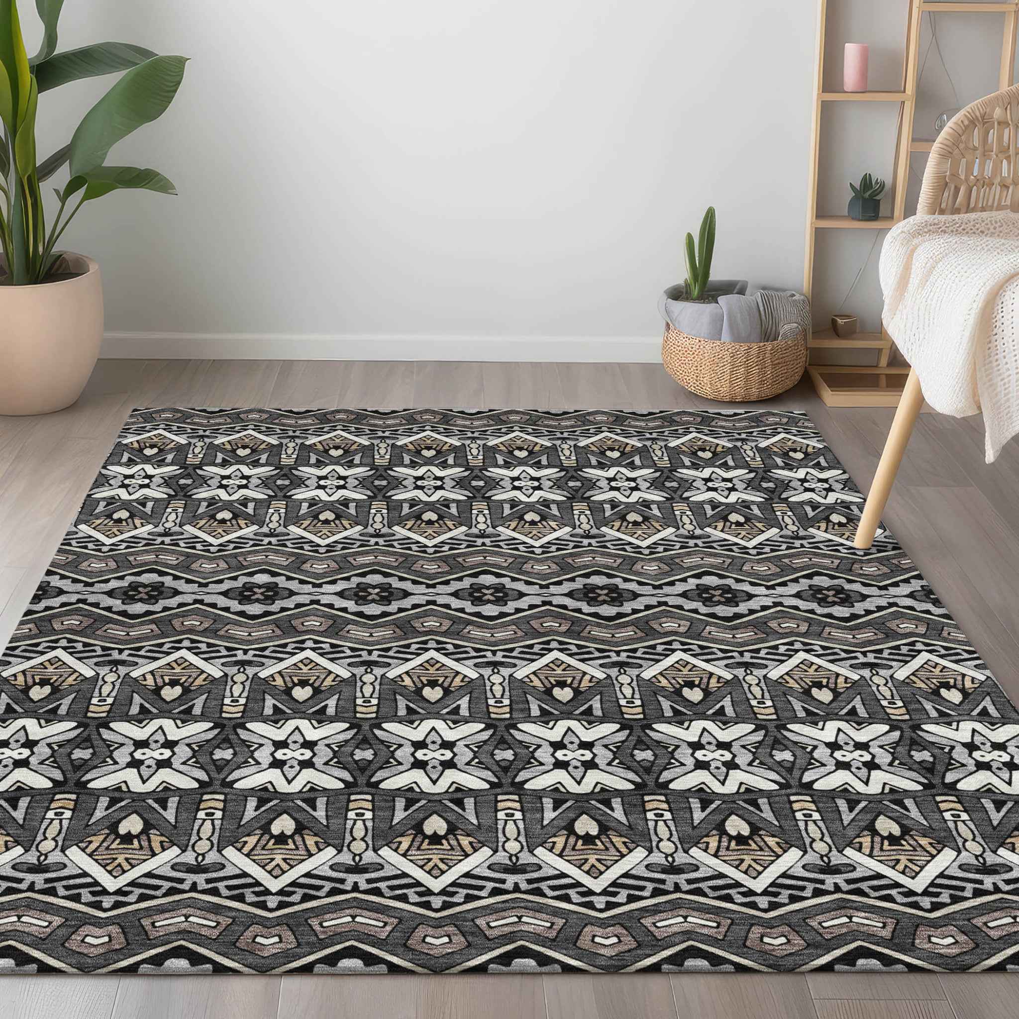 8' X 10' Charcoal Brown And Ivory Moroccan Washable Indoor Outdoor Area Rug