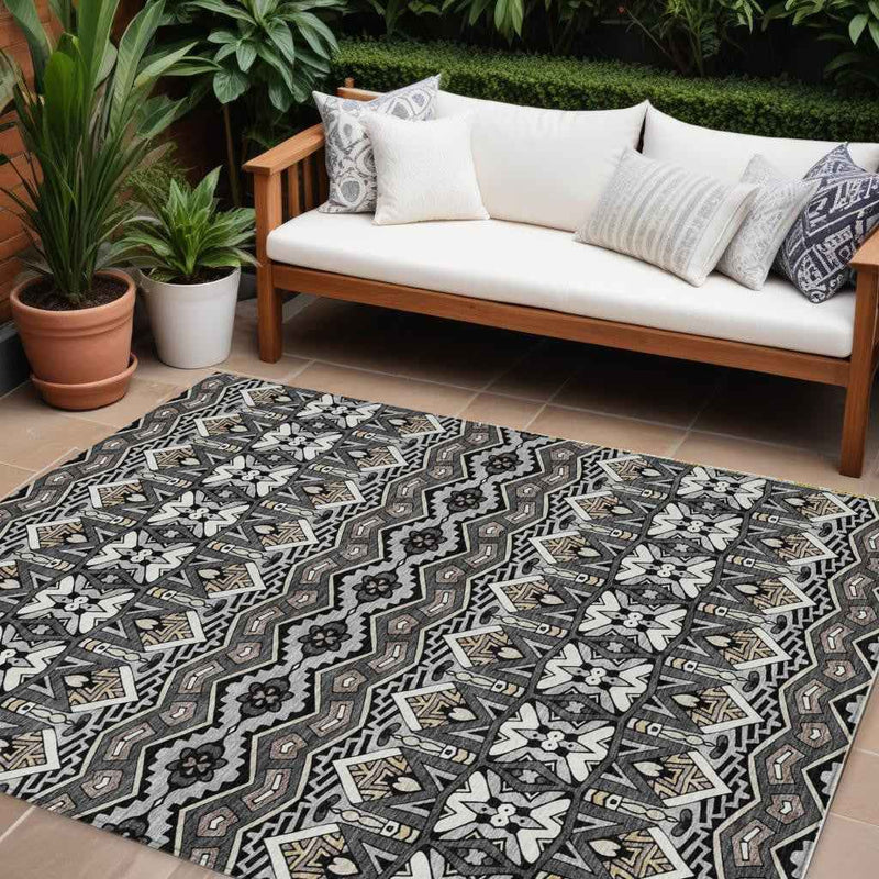 8' X 10' Charcoal Brown And Ivory Moroccan Washable Indoor Outdoor Area Rug