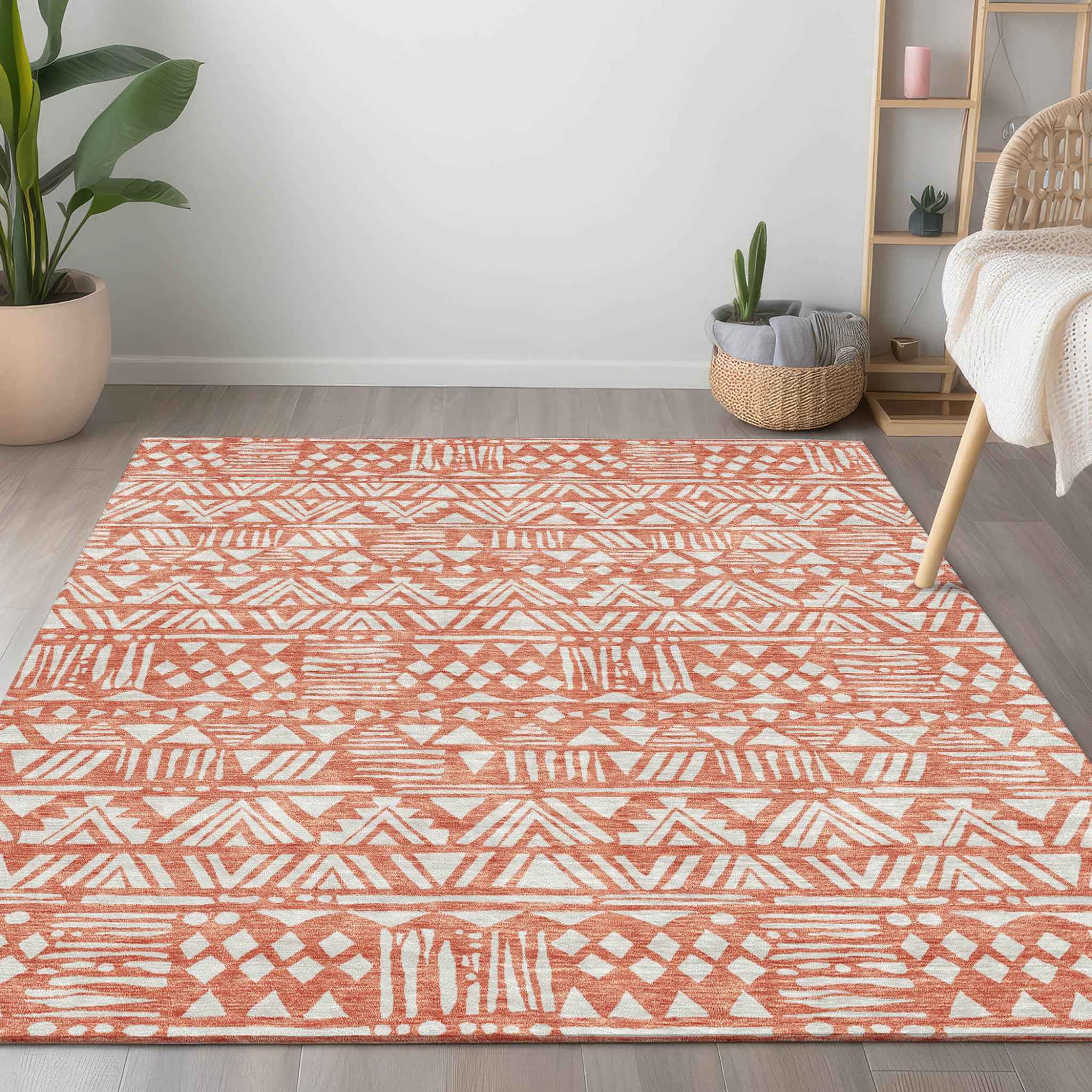 5' X 8' Coral And Ivory Southwestern Washable Indoor Outdoor Area Rug