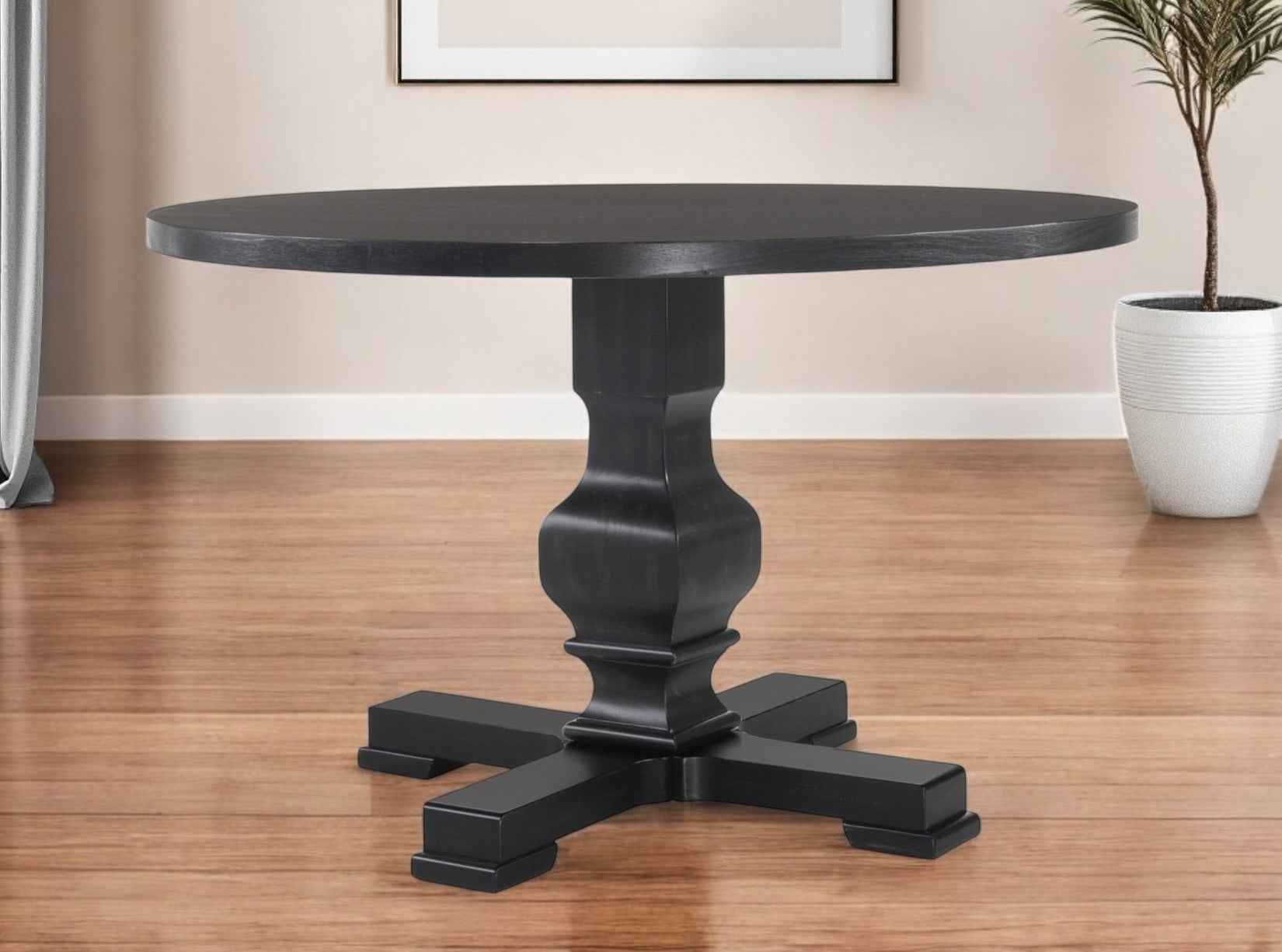 47" Black Rounded Solid Wood Pedestal Base Dining Table