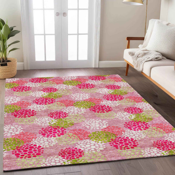 9' X 12' Pink Green And Ivory Polka Dot Washable Indoor Outdoor Area Rug