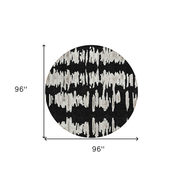 8' Black Ivory And Gray Round Striped Washable Indoor Outdoor Area Rug