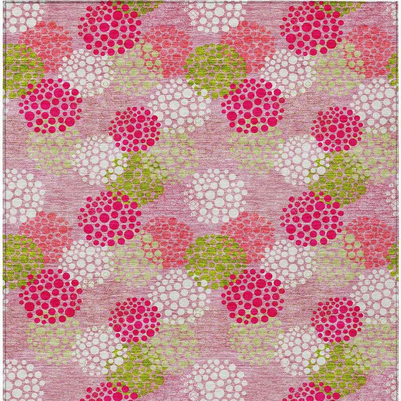9' X 12' Pink Green And Ivory Polka Dot Washable Indoor Outdoor Area Rug