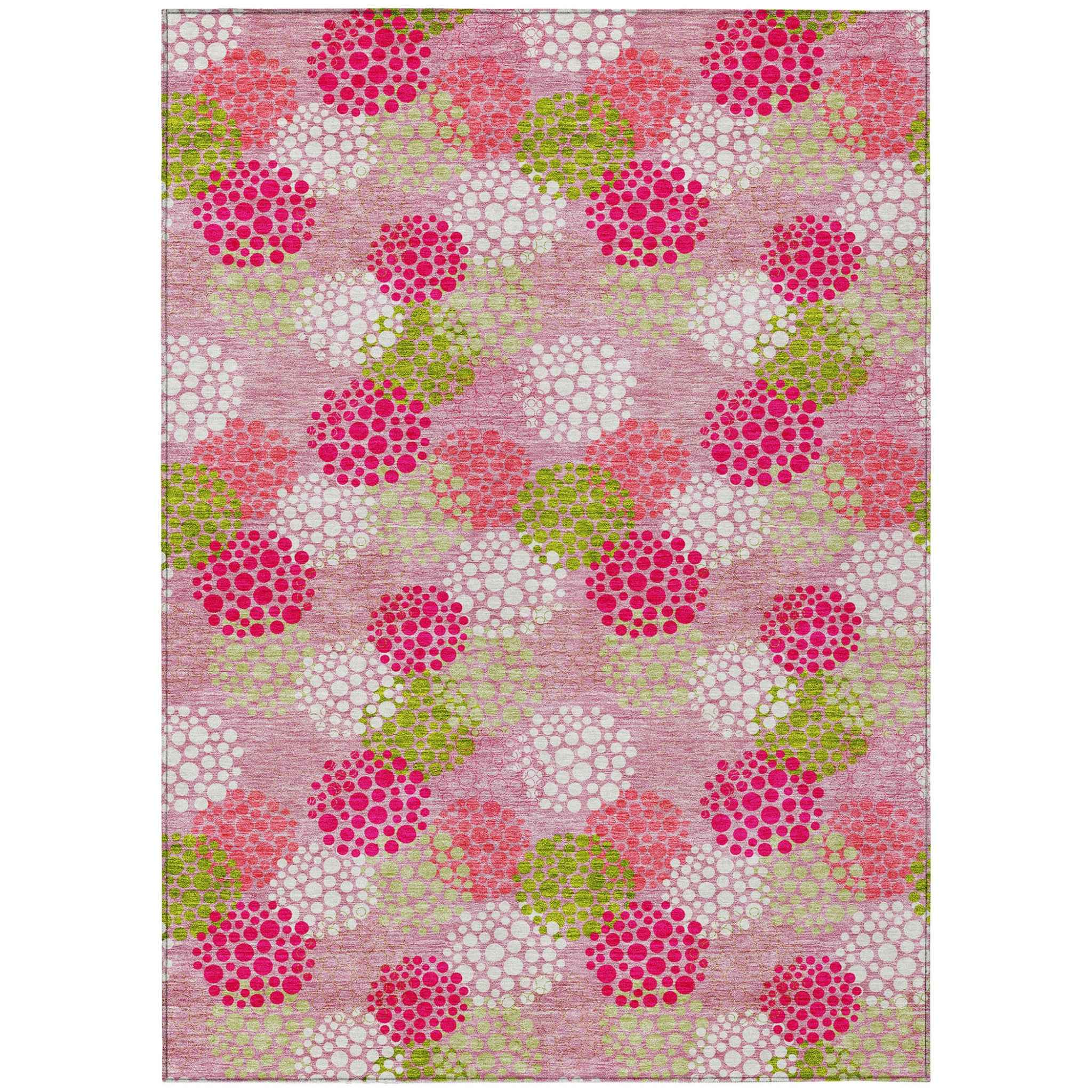 9' X 12' Pink Green And Ivory Polka Dot Washable Indoor Outdoor Area Rug