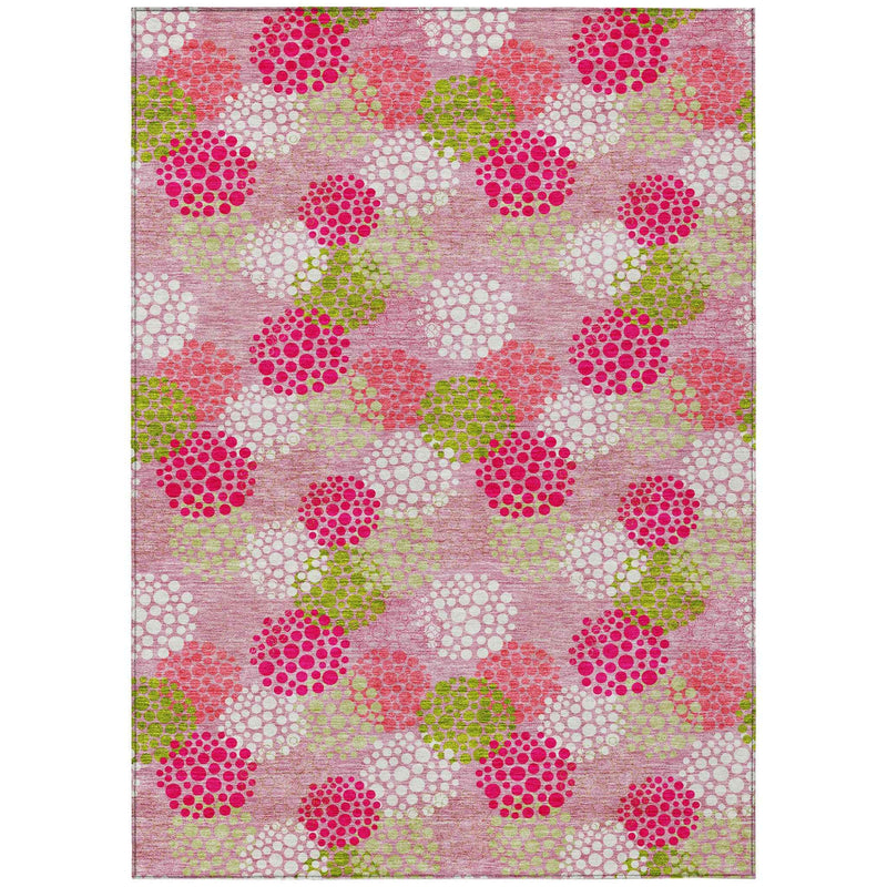 9' X 12' Pink Green And Ivory Polka Dot Washable Indoor Outdoor Area Rug