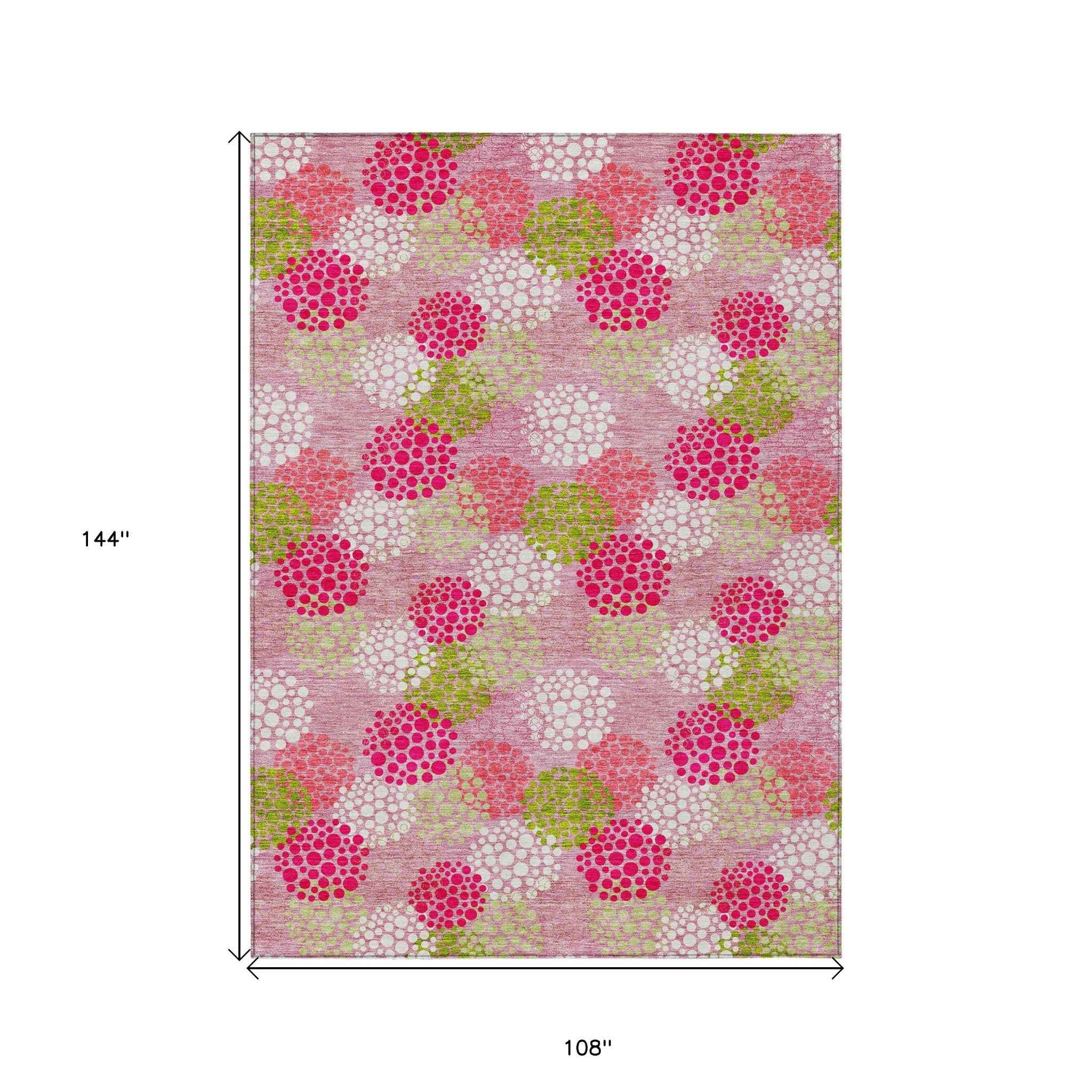 9' X 12' Pink Green And Ivory Polka Dot Washable Indoor Outdoor Area Rug