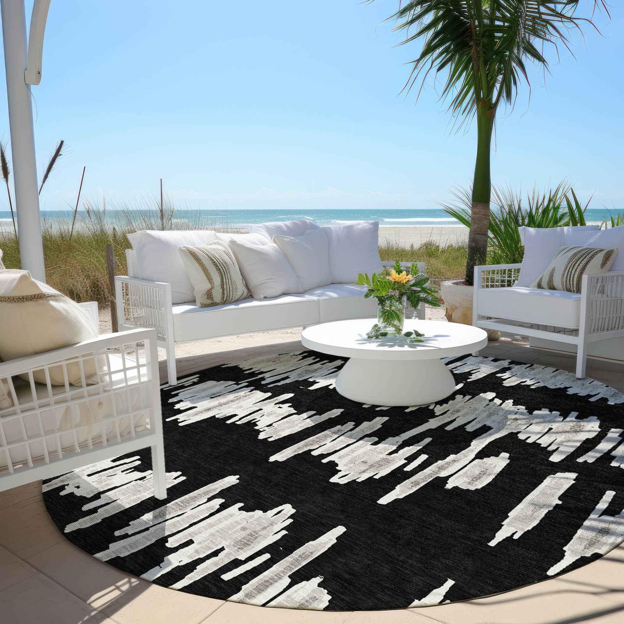 8' Black Ivory And Gray Round Striped Washable Indoor Outdoor Area Rug