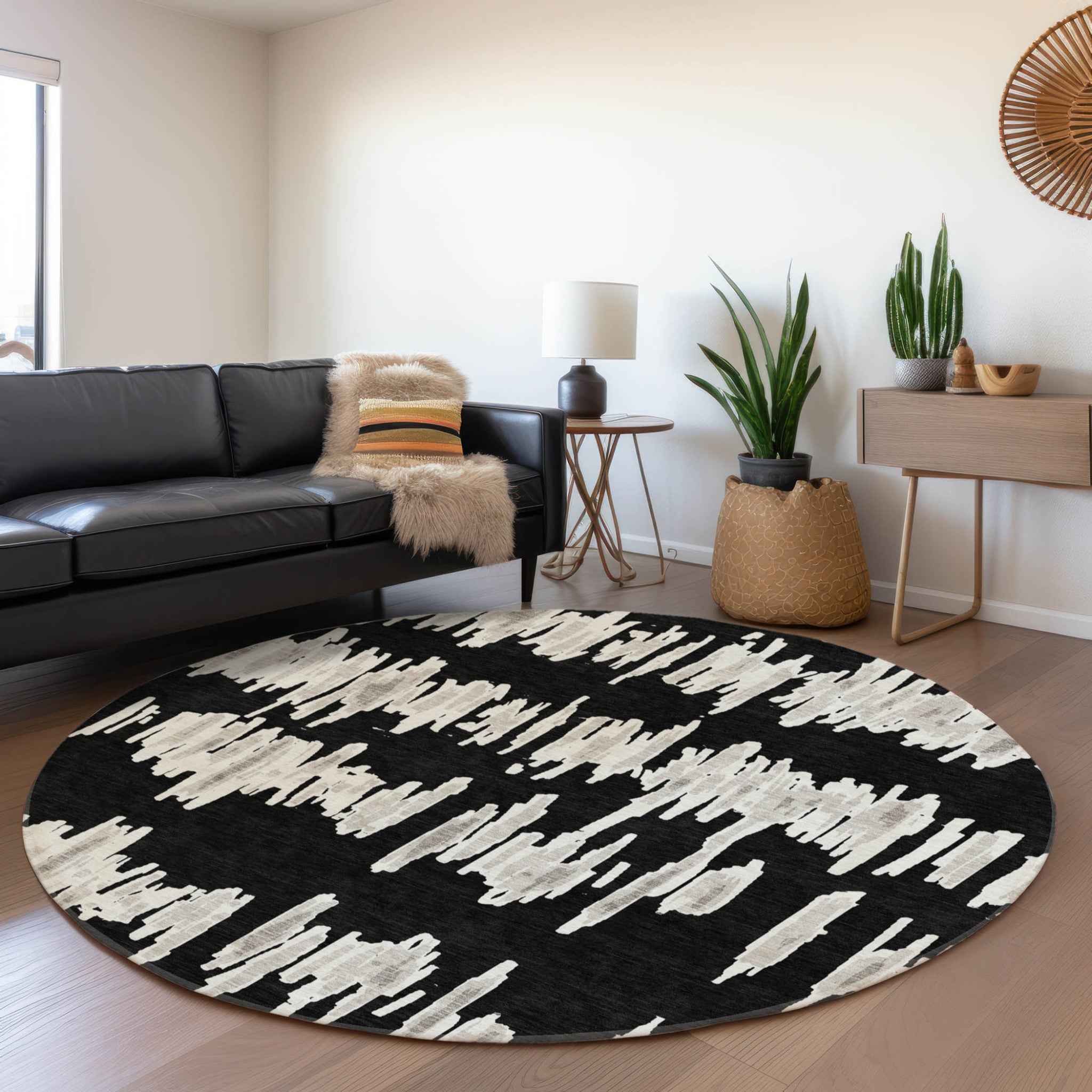 8' Black Ivory And Gray Round Striped Washable Indoor Outdoor Area Rug