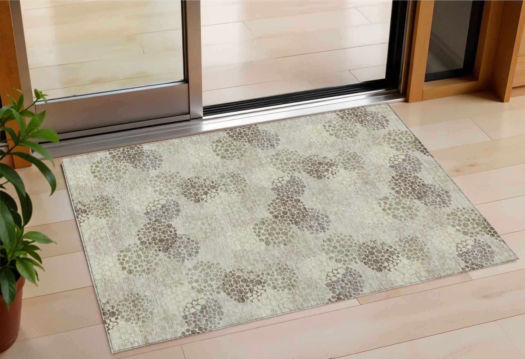 3' X 5' Beige Green And Ivory Polka Dot Washable Indoor Outdoor Area Rug